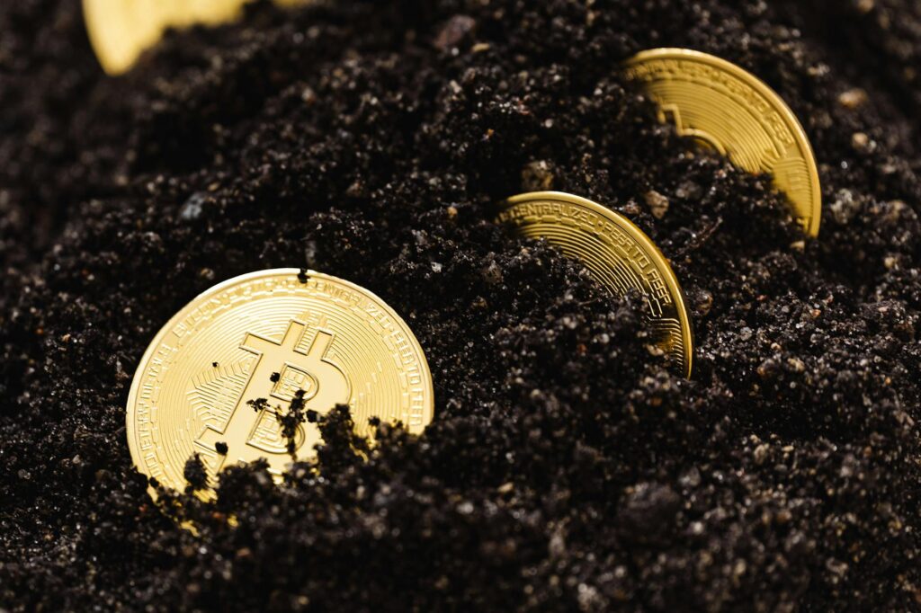 close up shot of bitcoins buried in the ground